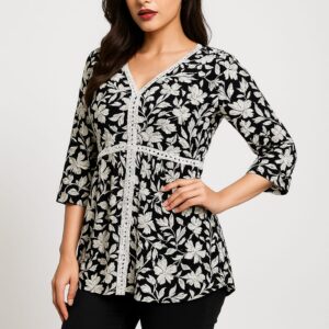 CORNHUBB BLACK FLORAL EMBROIDERED TOP – ELEGANCE WITH A FLEXIBLE FIT